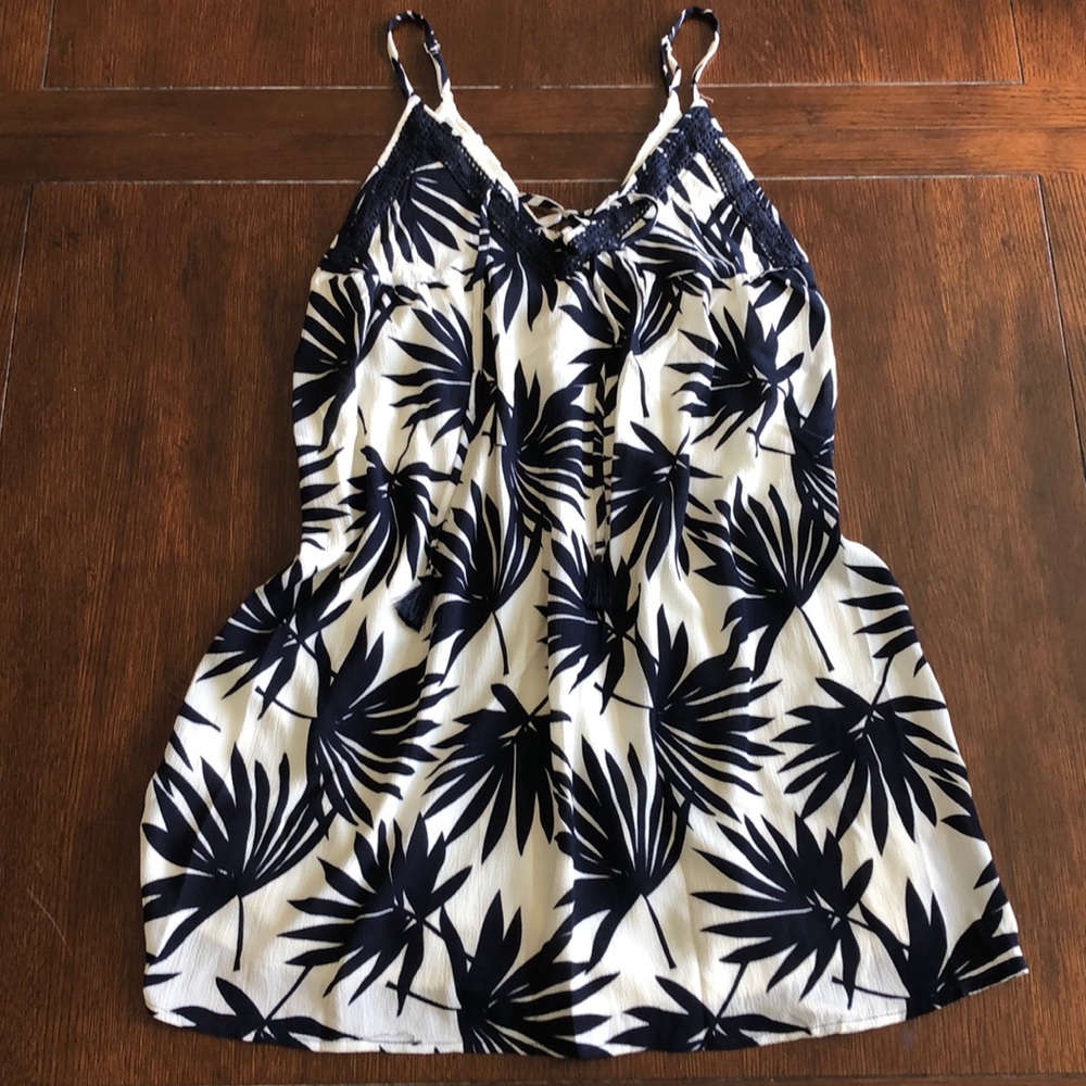 Strappy Cream Navy Palm Leaves Flowy Loose Dress